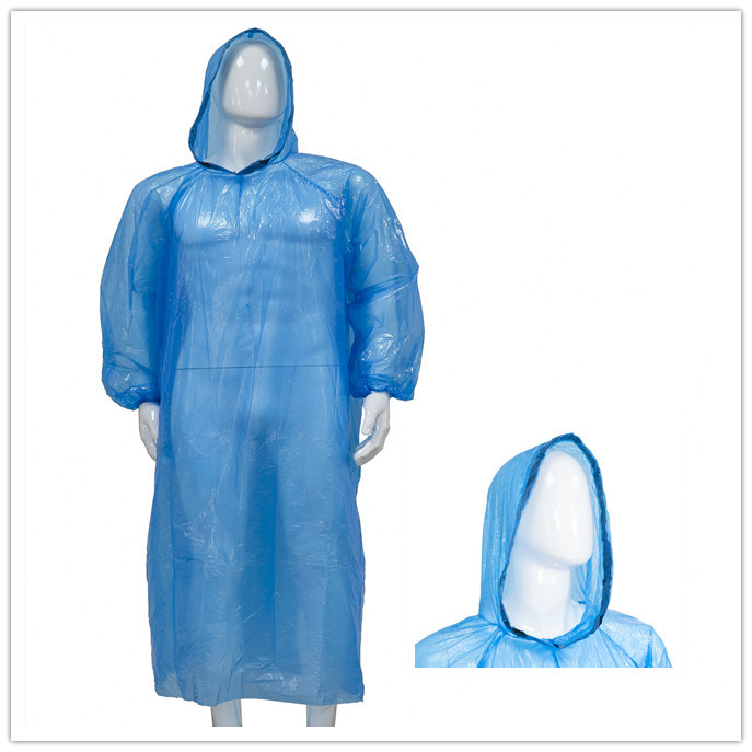 Waterproof Disposable PE Plastic Raincoat With Hood Blue/White Hooded PE Poncho